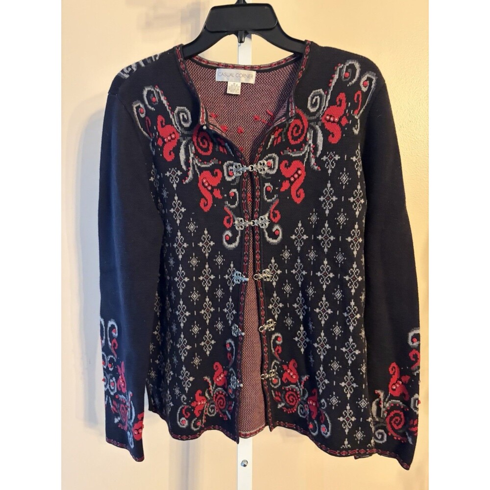 Vtg Women's 100% Cotton Casual Corner Cardigan Sweater Nordic Red Black Sz Med